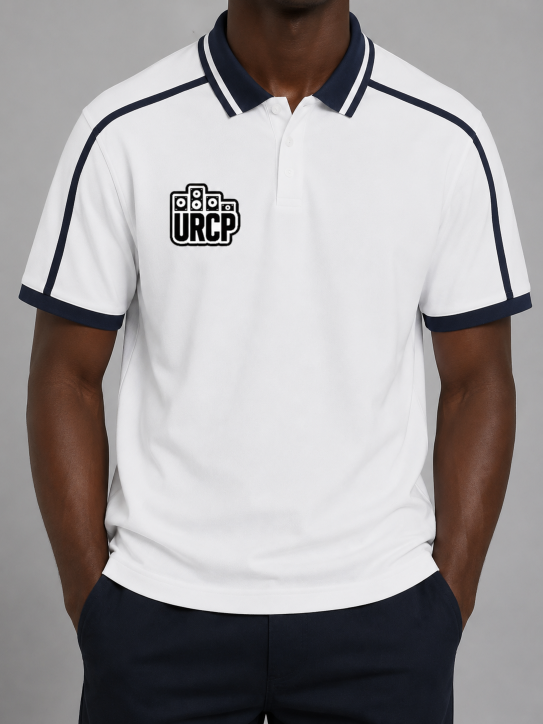 URCP UNISEX STRIPPED POLO - FRONT PRINT (multiple colours)