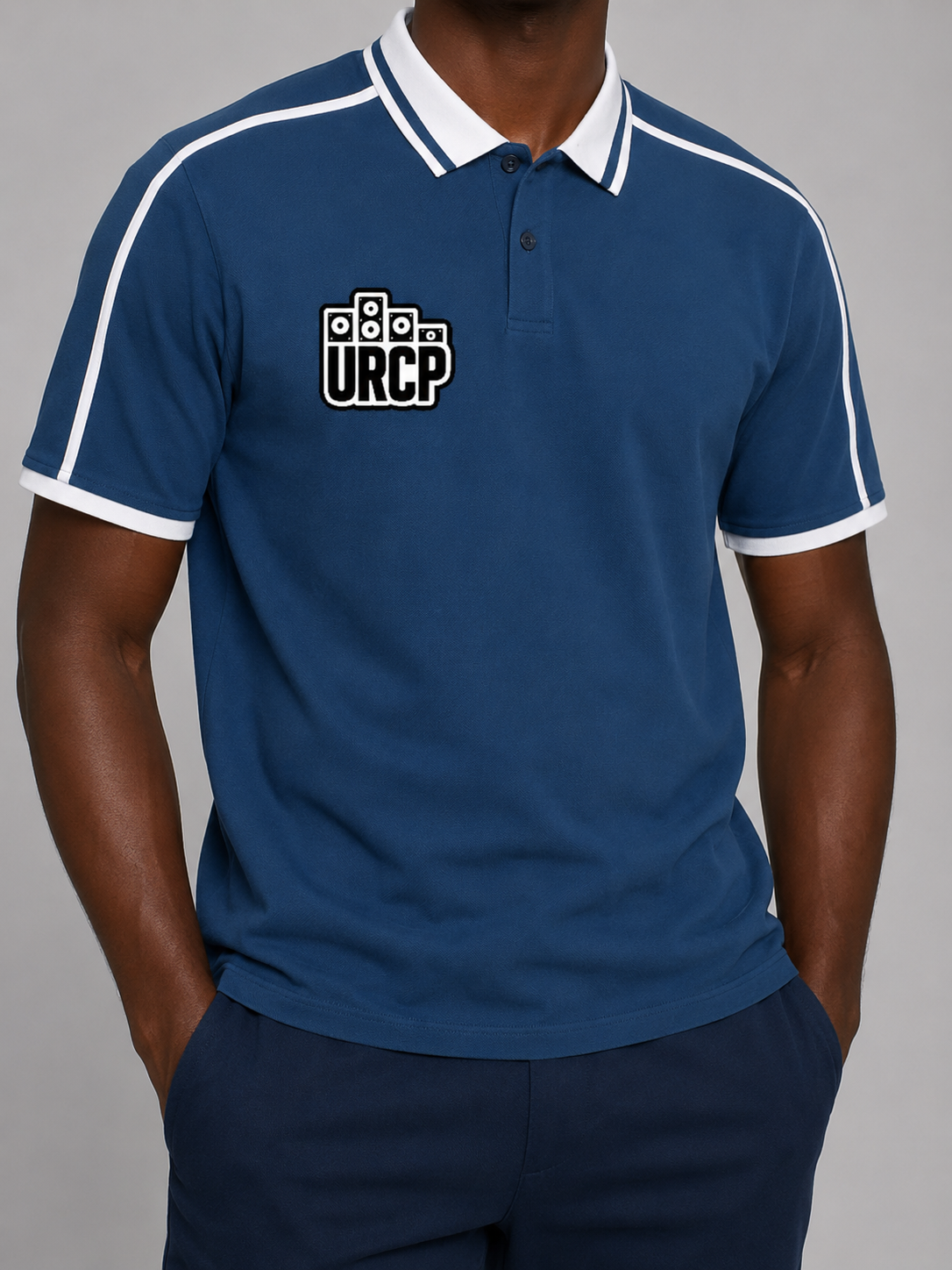 URCP UNISEX STRIPPED POLO - FRONT PRINT (multiple colours)