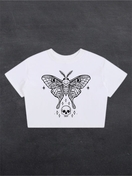SKULL MOTH CROPPED TEE - FRONT PRINT (white)