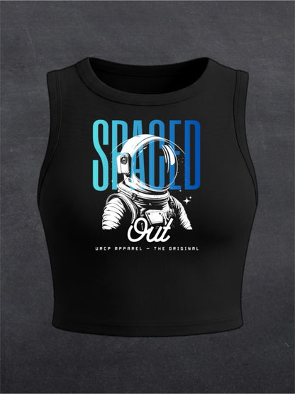 Spaced Out Astronaut Crewneck Crop Top - FRONT PRINT (black)
