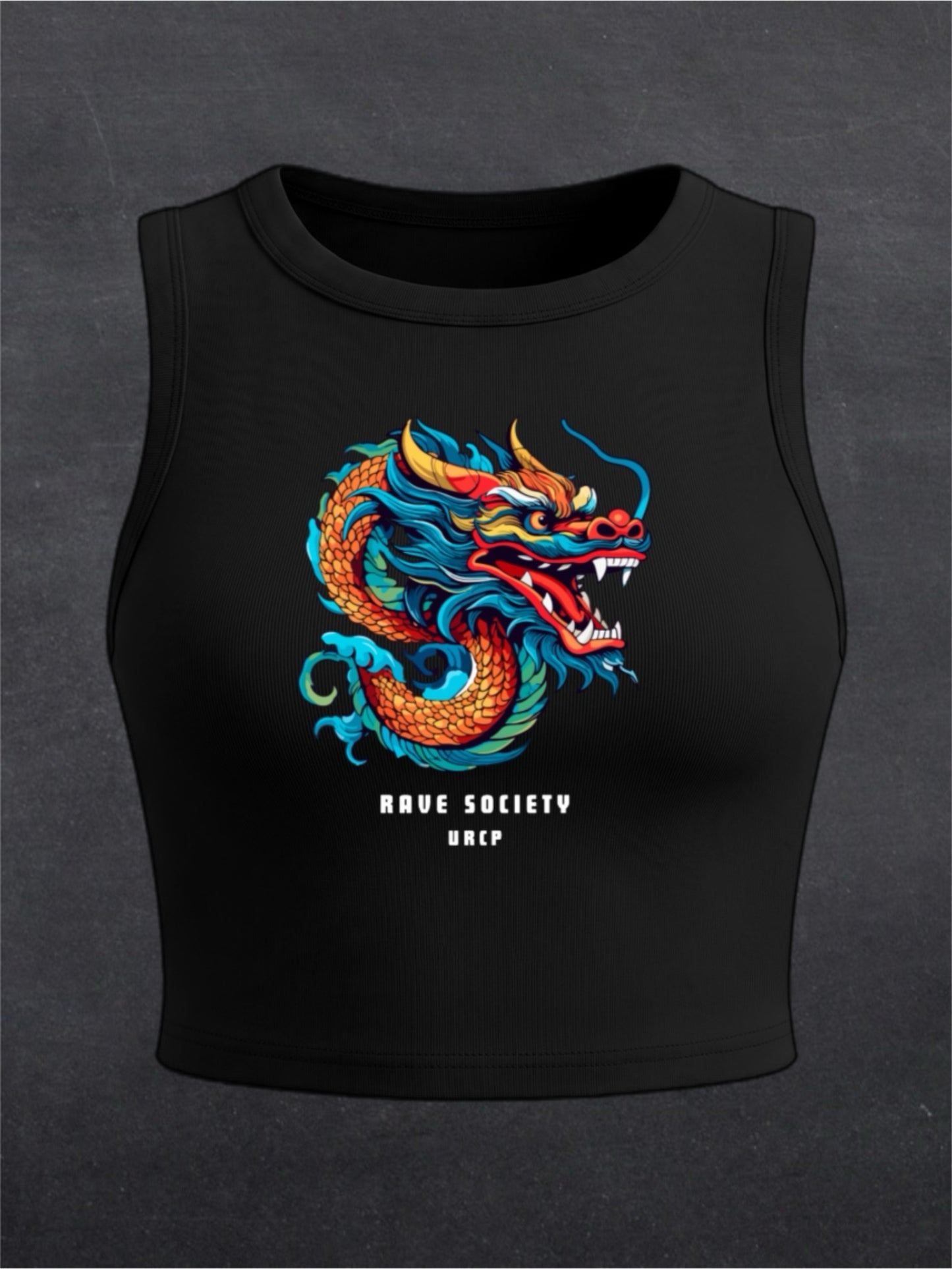 Rave Society Dragon Crewneck Crop Top - FRONT PRINT (black)