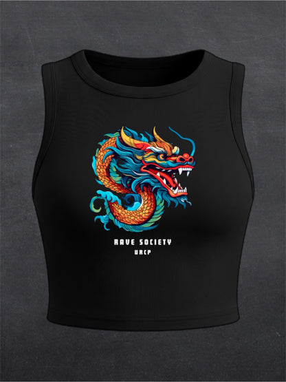 Rave Society Dragon Crewneck Crop Top - FRONT PRINT (black)