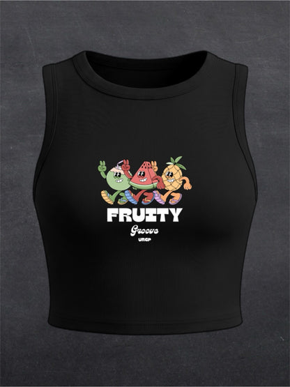 Fruity Groove Crewneck Crop Top - FRONT PRINT (black)