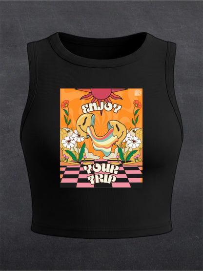 Enjoy Your Trip Crewneck Crop Top - FRONT PRINT (black/white)