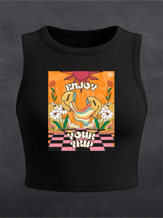 Enjoy Your Trip Crewneck Crop Top - FRONT PRINT (black/white)