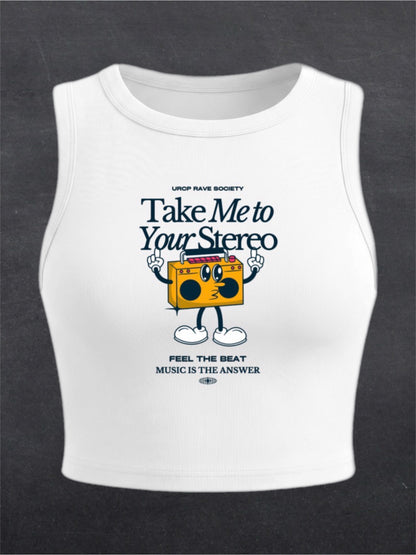 TAKE ME TO YOUR STEREO CREWNECK CROP TOP - FRONT PRINT (white)