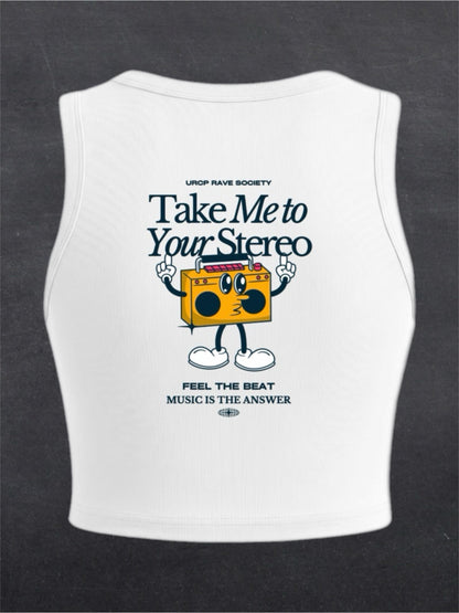 TAKE ME TO YOUR STEREO CREWNECK CROP TOP - BACK PRINT (white)