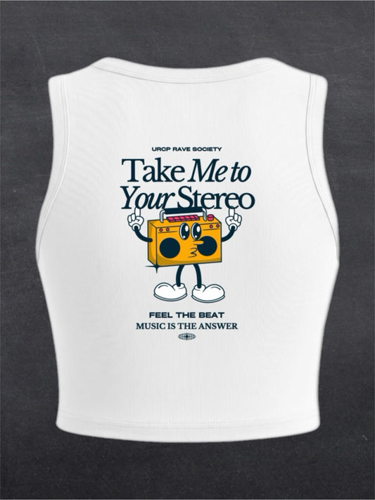 TAKE ME TO YOUR STEREO CREWNECK CROP TOP - BACK PRINT (white)