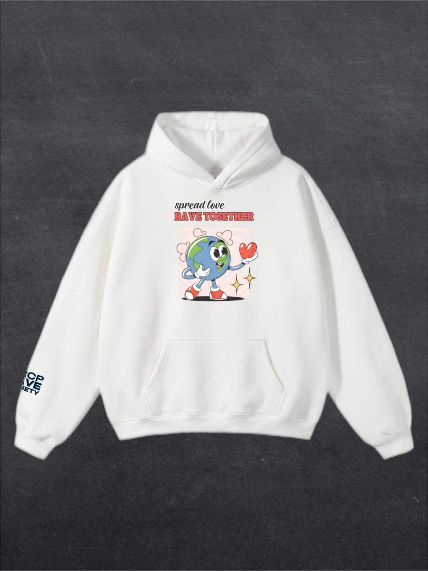 SPREAD LOVE RAVE TOGETHER UNISEX HOODIE - FRONT PRINT (white)