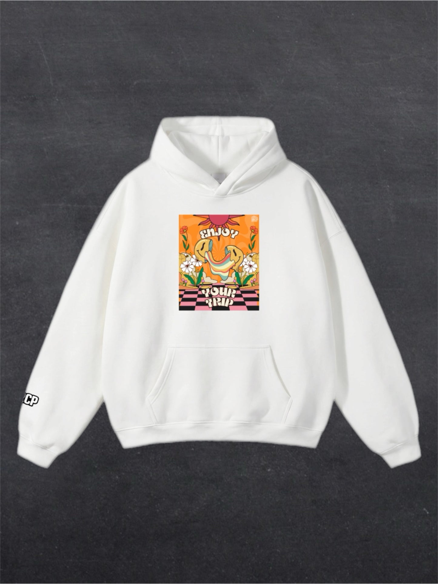 ENJOY YOUR TRIP UNISEX HOODIE - FRONT PRINT (black/white)