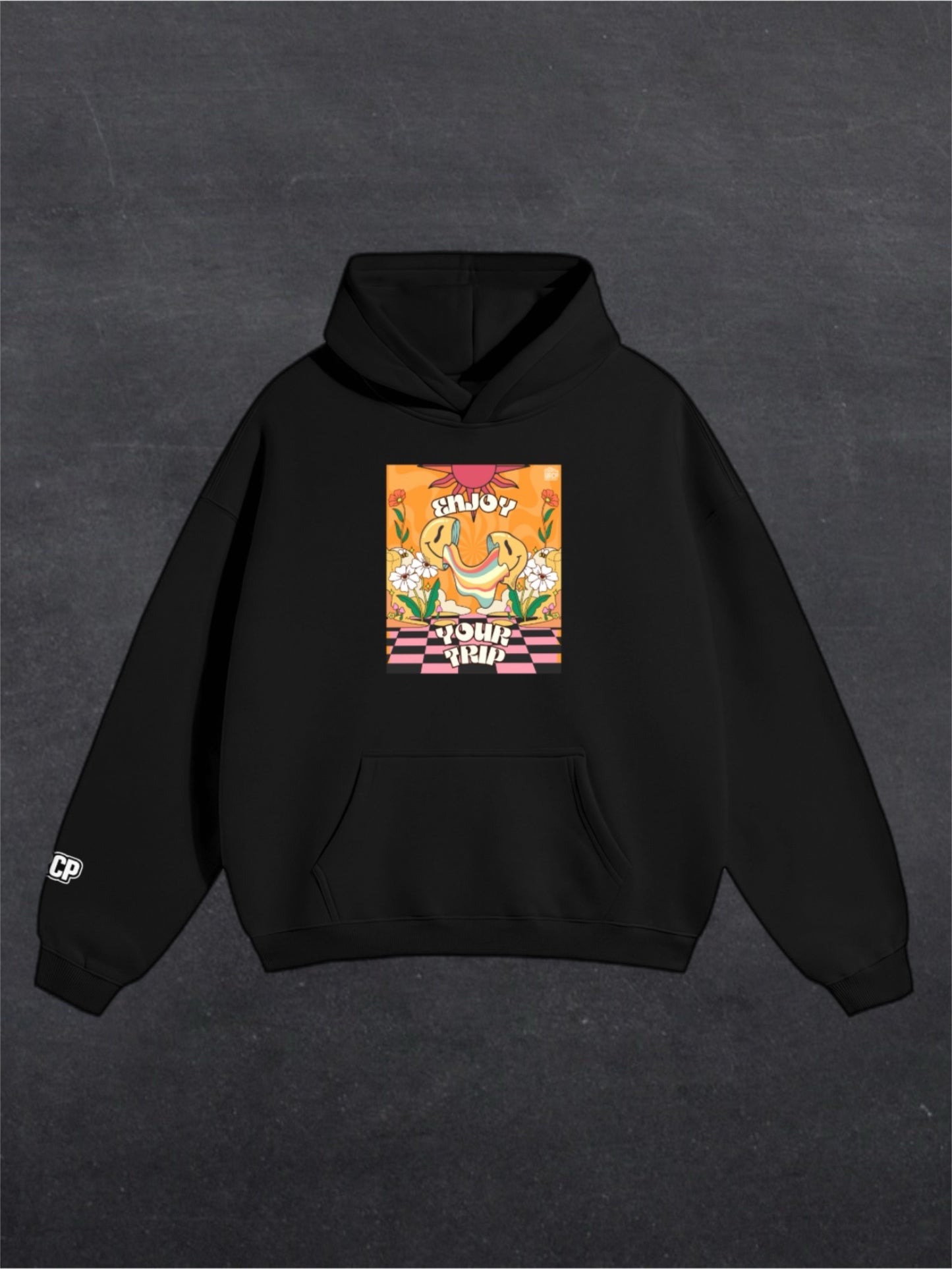 ENJOY YOUR TRIP UNISEX HOODIE - FRONT PRINT (black/white)