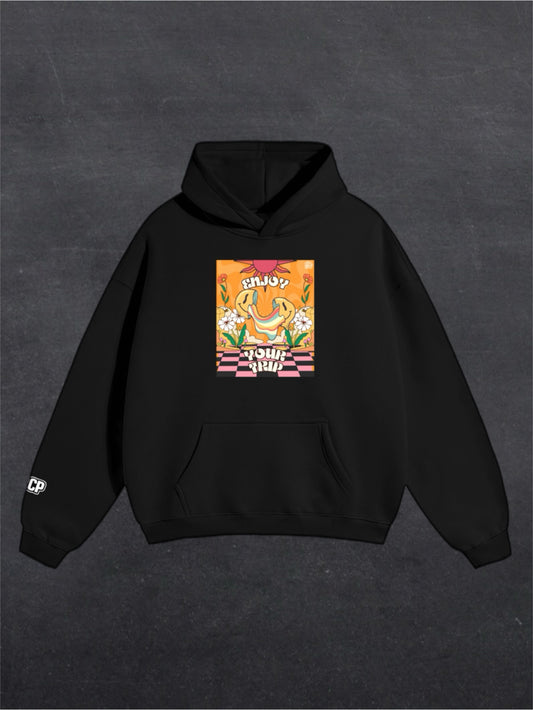 ENJOY YOUR TRIP UNISEX HOODIE - FRONT PRINT (black/white)