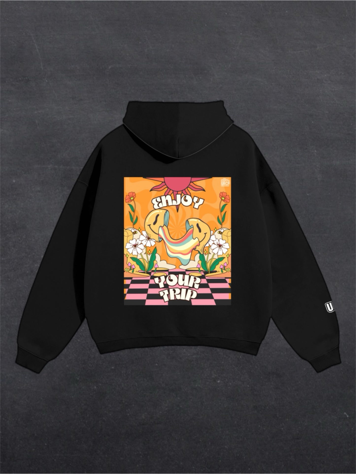 ENJOY YOUR TRIP UNISEX HOODIE - BACK PRINT (black/white)