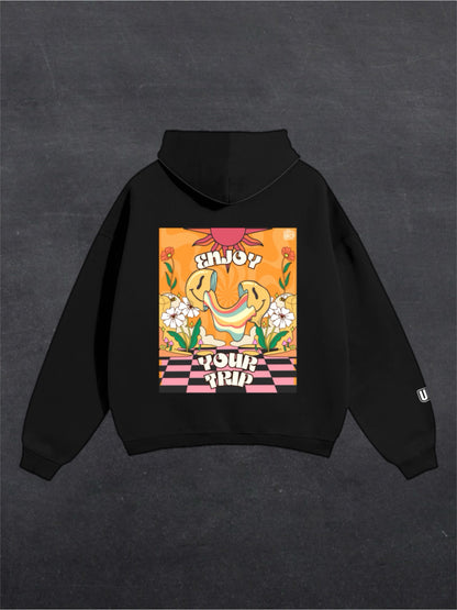 ENJOY YOUR TRIP UNISEX HOODIE - BACK PRINT (black/white)