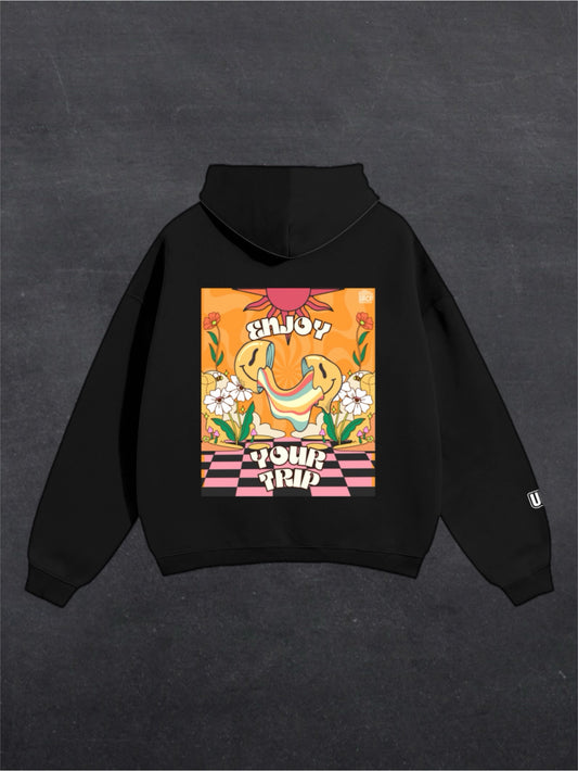 ENJOY YOUR TRIP UNISEX HOODIE - BACK PRINT (black/white)