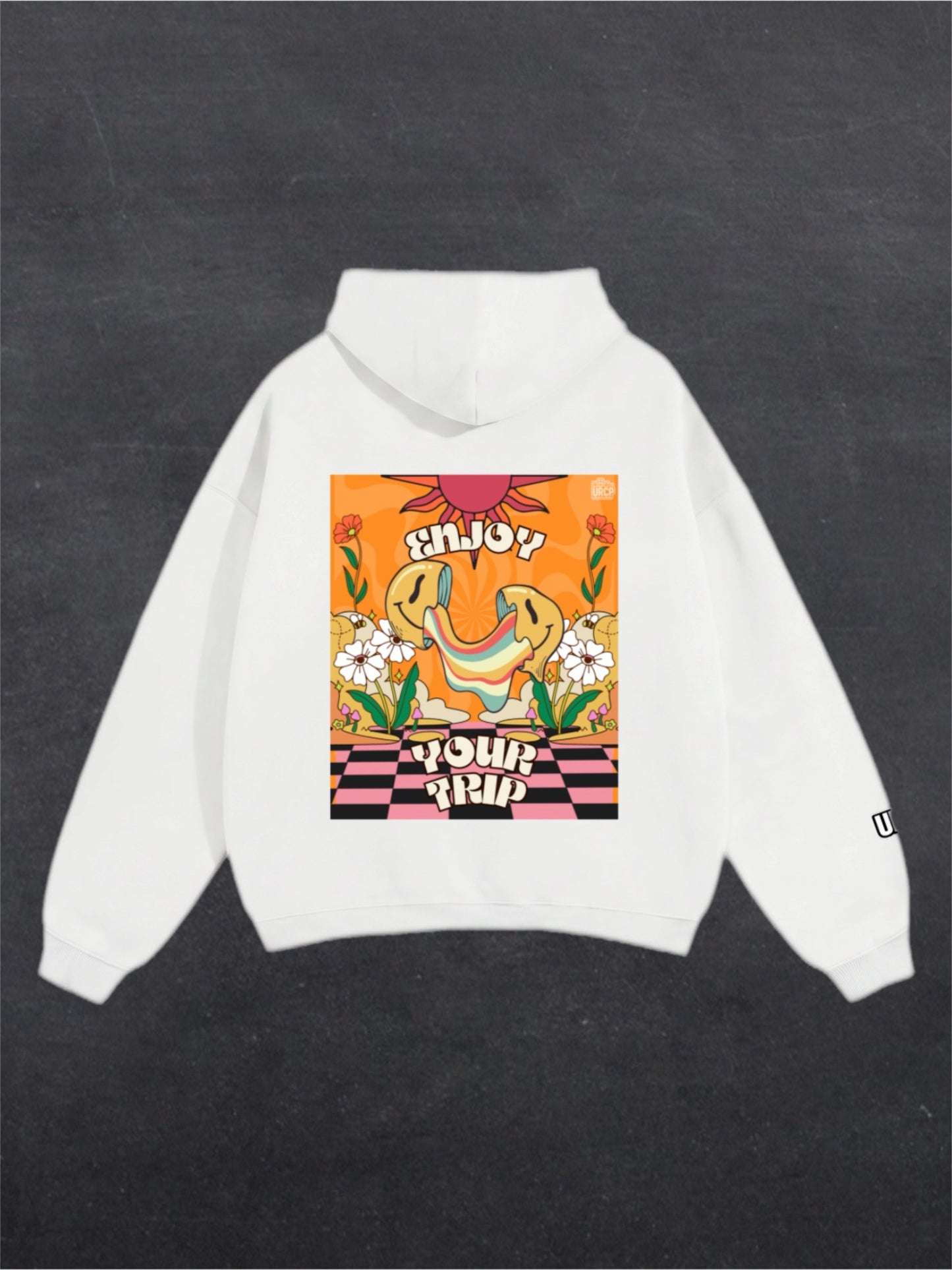 ENJOY YOUR TRIP UNISEX HOODIE - BACK PRINT (black/white)