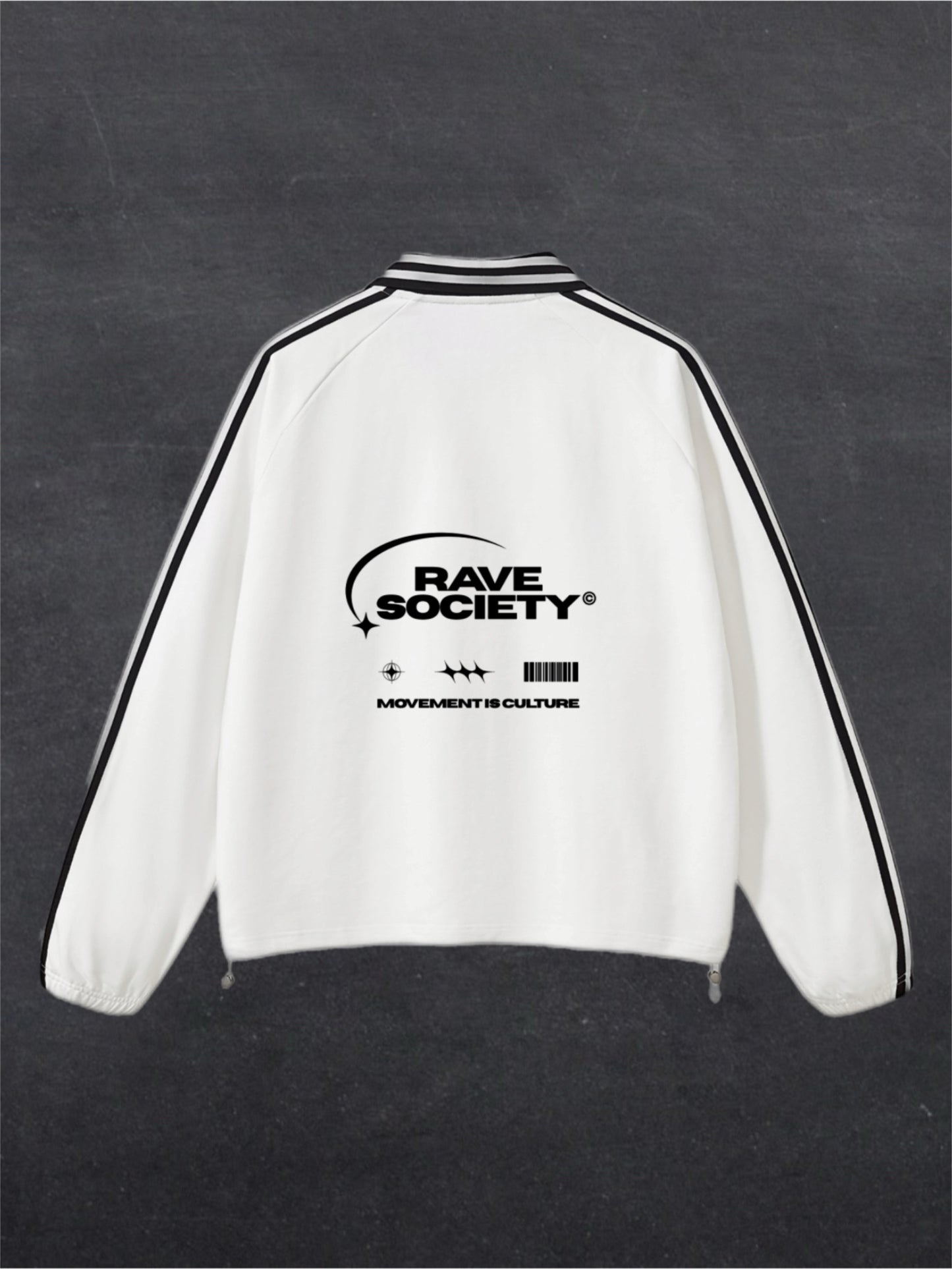 RAVE SOCIETY RUGBY STYLE UNISEX SWEATSHIRT - BACK PRINT (white