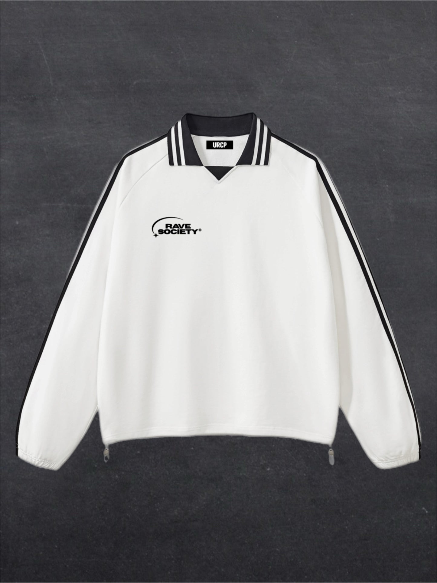 RAVE SOCIETY RUGBY STYLE UNISEX SWEATSHIRT - BACK PRINT (white