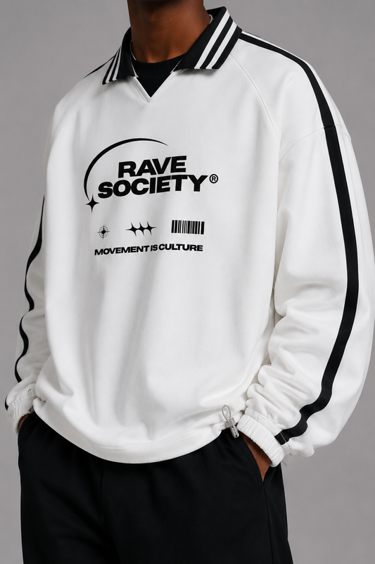 RAVE SOCIETY RUGBY STYLE UNISEX SWEATSHIRT (front design)